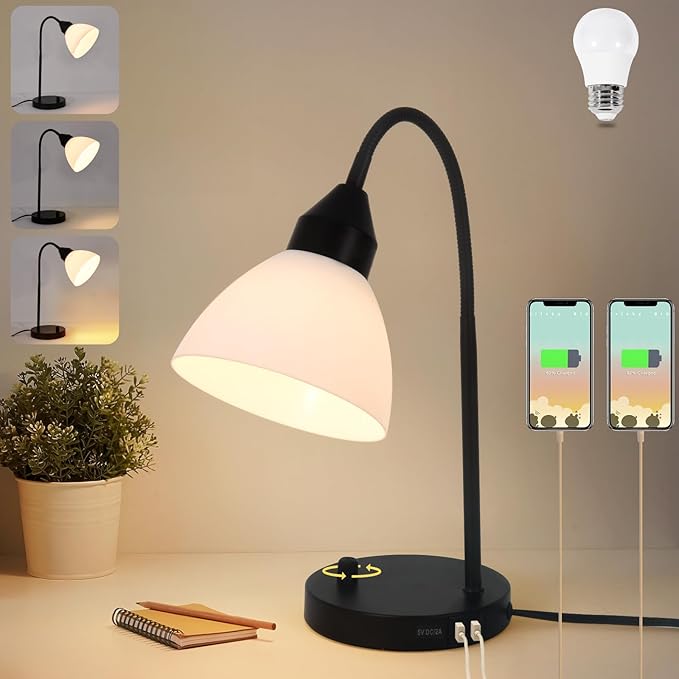 Desk Lamps, Table Lamps for Bedrooms with 2 USB Port, Stepless Dimmable Bedside Lamps, Adjustable Lamp for Living Room, Small Lamps for Office Reading, Nightstand Lamps with 5W LED Bulb