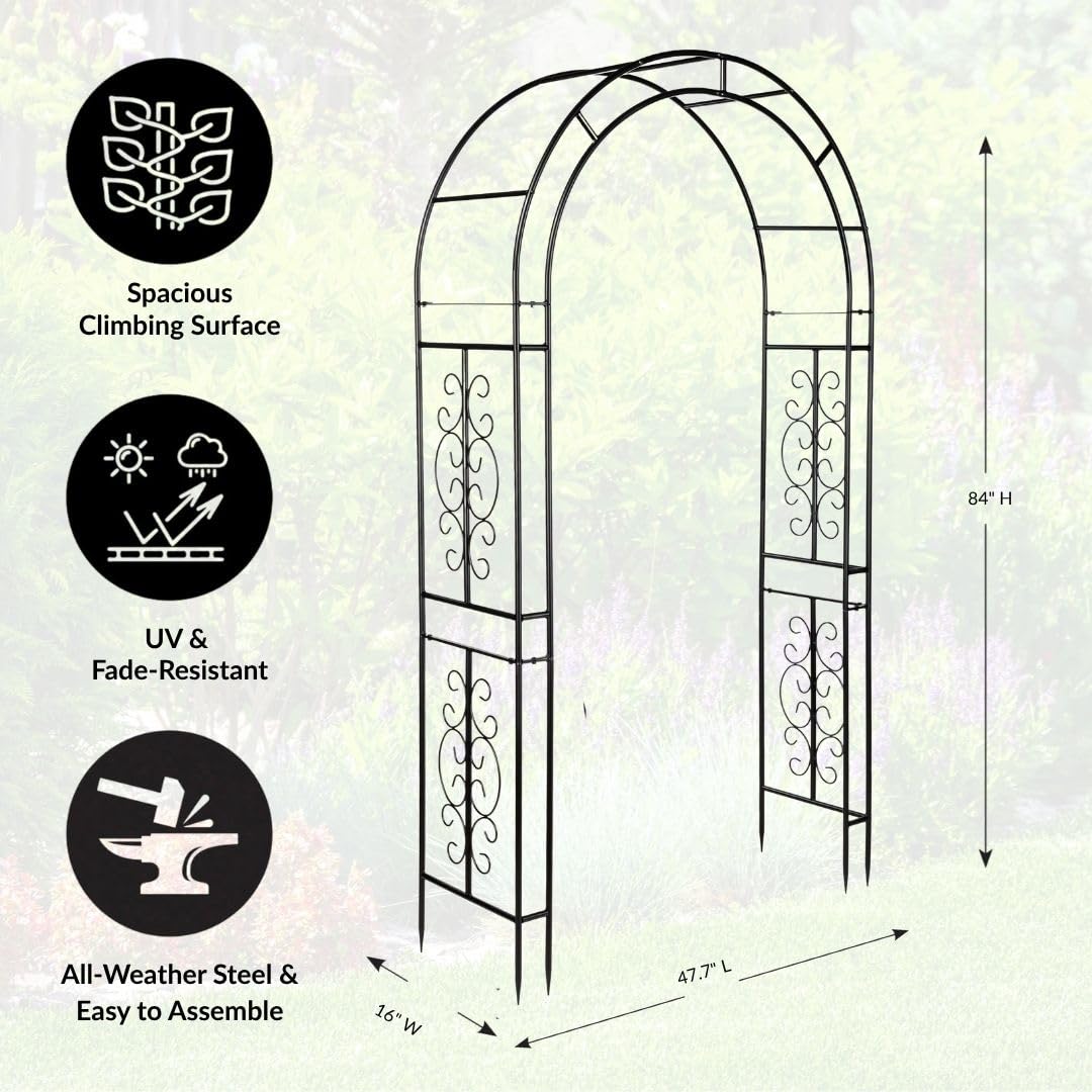 Plow & Hearth Arch Metal Outdoor Garden Arbor 7 Feet Tall Black Iron Trellis for Climbing Plants Outdoor, Wedding Party Arch, Outdoor Patio Decor