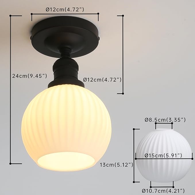 Industrial Globe Semi Flush Mount Pendant Ceiling Light with White Glass Lampshade, Vintage Close to Ceiling Light Fixture for Porch, Hallway, Entryway, Kitchen, Bedroom, Hotel