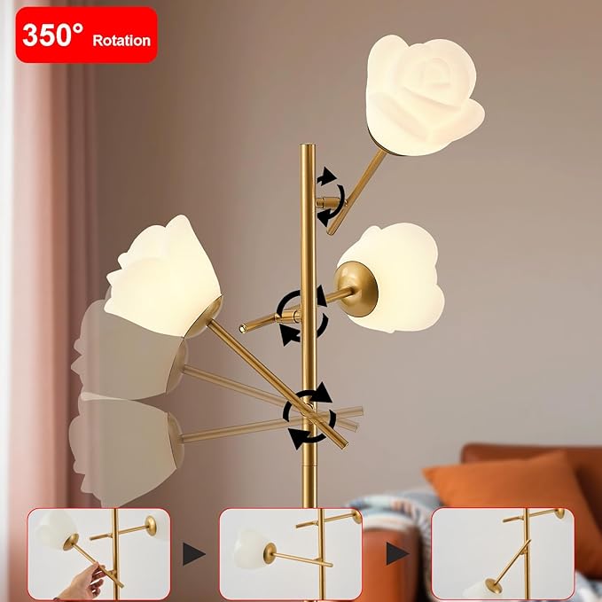 Fiqevs Mid Century Modern Floor Lamp with 3 Adjustable Flower Shade - Floral LED Standing Light with Foot Switch & Light Bulb, Sputnik Tree Lamp for Living Rooms Bedrooms - Antique Brass/Gold