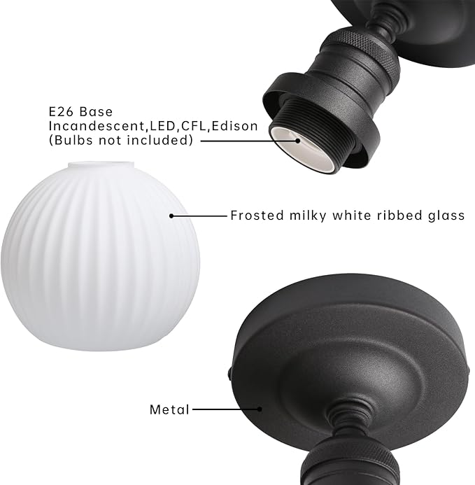 Industrial Globe Semi Flush Mount Pendant Ceiling Light with White Glass Lampshade, Vintage Close to Ceiling Light Fixture for Porch, Hallway, Entryway, Kitchen, Bedroom, Hotel