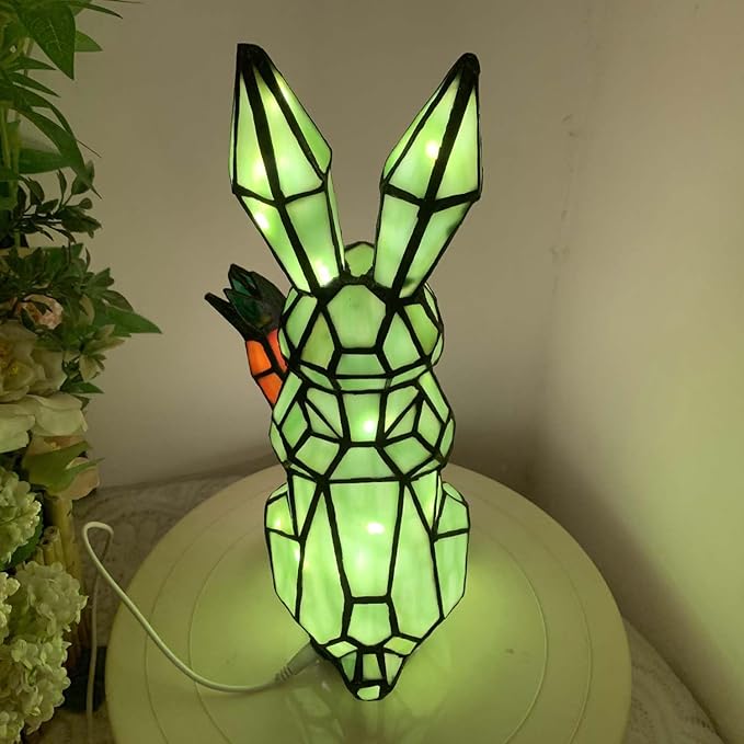 Bieye L10948 Rabbit Holds Carrot Tiffany Style Stained Glass Accent Table Lamp for Home Decor (Green)