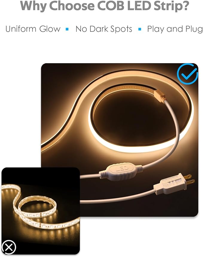 120V Led Rope Lights Outdoor Waterproof 150FT 3000K Flexible COB Led Strip Lights Plug in 288Leds/M Warm White High Density Dotless Led Lights for Patio Garden Deck Christmas Decor