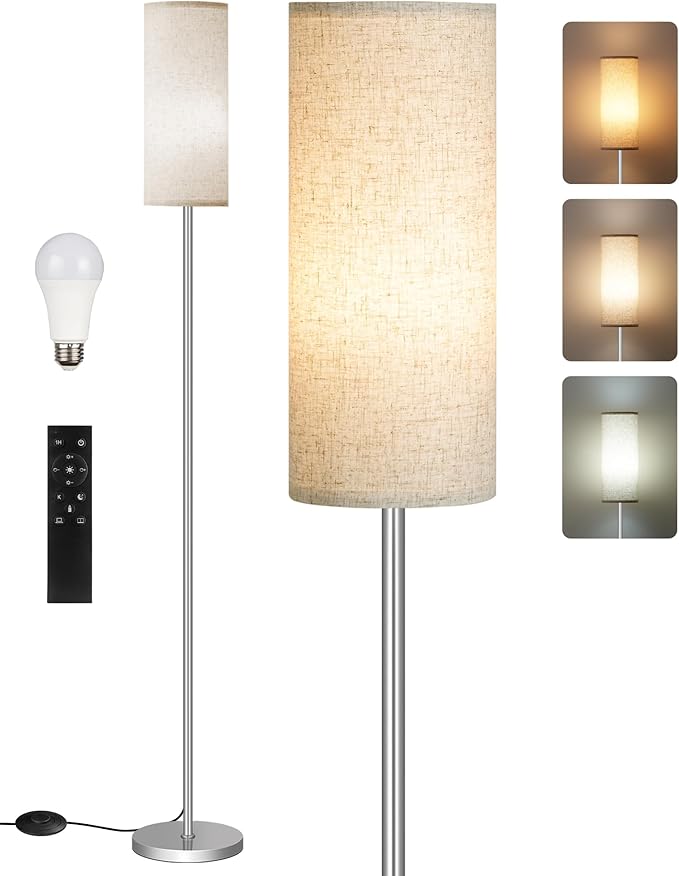 Dimmable Floor Lamps for Living Room with Remote and Foot Switch, 64.4” Modern Standing Tall Lamp, Corner Lamp for Bedroom, Office, Bulb Included, 3000K-6500K, Beige and Silver, FCC Listed SE06LD05W1