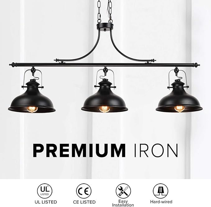 GZBtech Vintage 3-Light Pendant Lighting Fixture, 59.06'' H Adjustable Rustic Hanging Billiard Light Over The Pool Table, Industrial Black Metal Chandelier for Dinning Room Kitchen Island, UL Listed