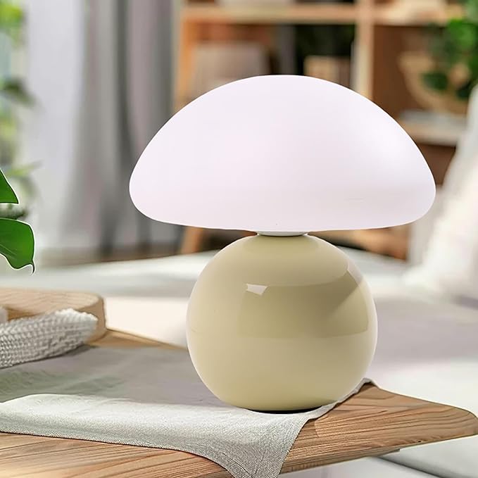 Cute Small Mushroom Lamp, PE Lampshade, Ceramic Spherical Base, Adjustable Light Color and Brightness, Safe USB Powered, Energy-Saving LED Mushroom Light for Bedroom Living Room (Cream)