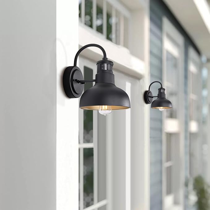 7in Motion Sensor Outdoor Barn Wall Lights Dusk to Dawn Exterior Gooseneck Lighting Wall Mount Small Dome Gooseneck Porch Wall Sconce Black Farmhosue External Garage Barn Lights