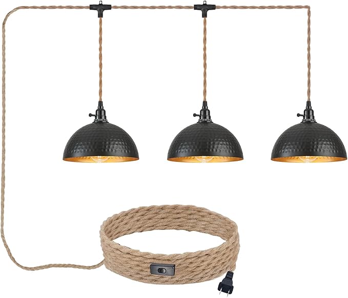 3 Light Plug in Pendant Lights Hammered Dome Hanging Lamp with Switch 22 Ft Long Hemp Rope Farmhouse Pndant Light Cord Lighting Fixture DIY Hanging Light
