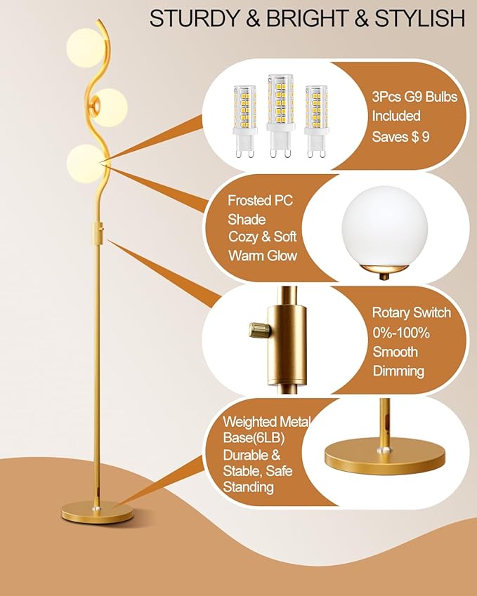 Lightdot 60IN Gold Floor Lamp Stepless Dimmable Globe Floor Lamps with 3Pcs 3000K G9 Bulbs Eye-Friendly Mid Century Standing Lamps with Stable Base for Living Room/Bedroom/Sofa Beside/Corner Decor