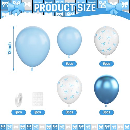 Blue Bow Balloons - 30 Pcs 12-Inch Blue & White Printed Balloons for Bachelorette Party Decor