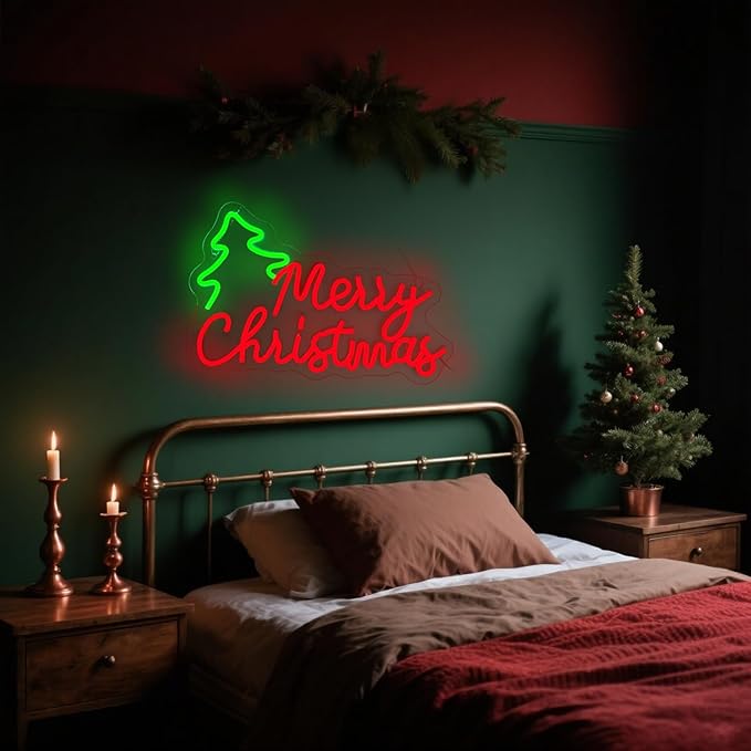 Merry Christmas Tree Neon Sign with Decorations - Holiday Wall ArtMerry Christmas Tree Neon Sign with Decorations - Holiday Wall Art