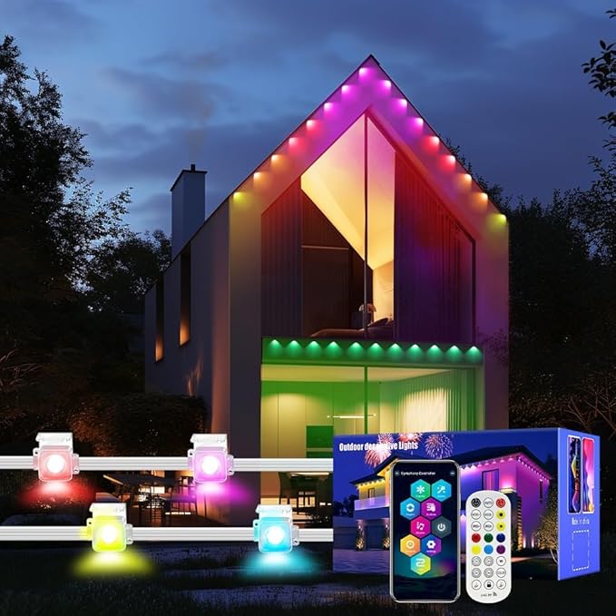 Permanent Outdoor Lights, 150FT RGB LED Smart Eaves Lights with 90 LEDs, IP67 Waterproof, Remote/APP Control, DIY Scene Modes, Music Sync Lighting for Party, House, All Holiday Decorations