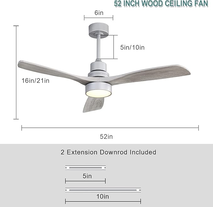 Sofucor 52 Inch Ceiling Fan with Lights and Remote Control-Modern Solid Wood Blade Ceiling Fan for Bedroom Living Room Indoor Outdoor Farmhouse Patio, Quiet DC Motor, Silver Grey