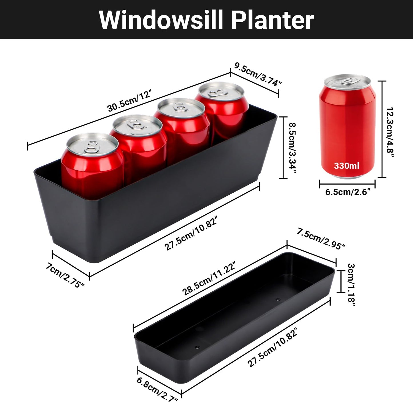 GREANER 12x3.8 Inch Herb Planters, 1 Pack Rectangle Window Boxes with Tray, Indoor Succulent Cactus Mint Plastic Pot for Windowsill, Balcony, Office, Outdoor Garden - Black