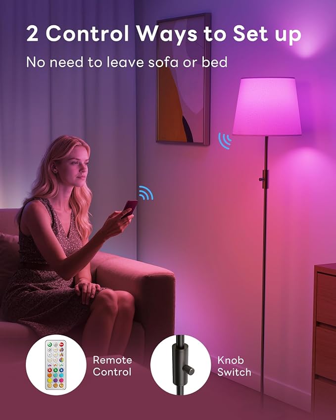 Dimmable Floor Lamp, 1200 Lumens RGBCW Color Change Bulb Included, Standing Lamp with Linen Shade, 62" Tall Lamp with Remote for Living Room, Bedroom, Office, Dining Room, Kitchen, Black