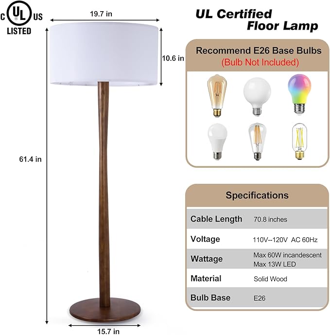 62" Tall Rustic Wood Floor Lamp for Living Room, Farmhouse Walnut Wood Floor Lamps with Linen Shade for Reading, UL Listed Stand Lamps with Woods Base for Bedroom, Corner, Office, White Shade