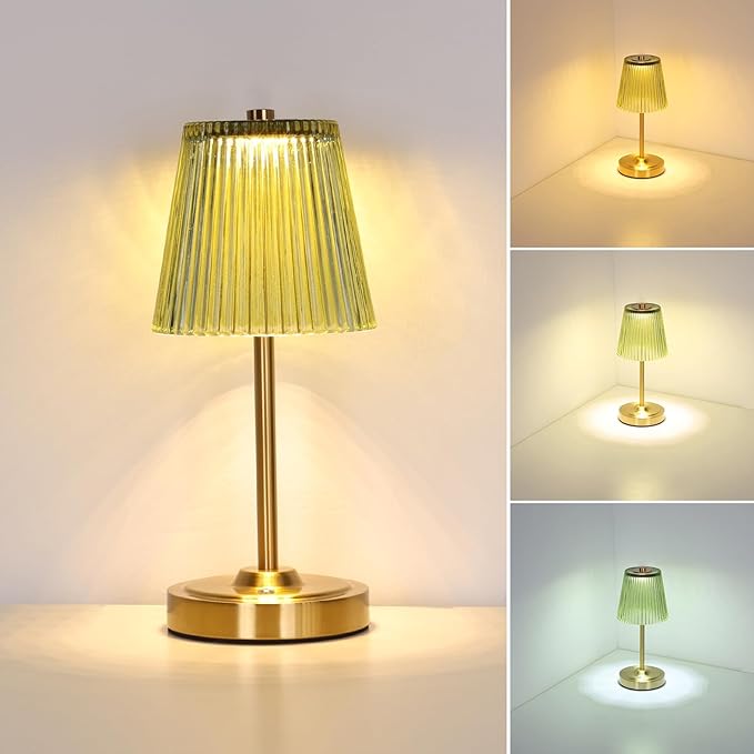 Cordless Touch Table Lamp with 5200mAh Battery - 3 Adjustable Color Temperatures & Dimmable, Rechargeable Desk Lamp for Bedroom, Living Room, Office, Entryway, Bookshelves (Green Stripe)