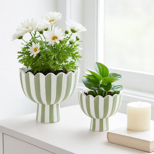Striped Flower Pots and Planters for Home Decor Set – Modern Indoor or Outdoor Pots for Plants Perfect for Orchids, Herbs, or Ferns, Chic Pots for Spring Decor Plant Stand – 8" & 6", Green & White