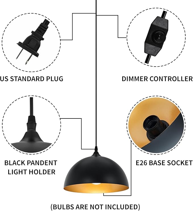 Black Plug in Pendant Light 2 Packs 11.8inch, Farmhouse Pendant Light, Kitchen Pendant Lights, Pendant Lights Kitchen Island, Hanging Lights with Plug in Cord 14.7 ft