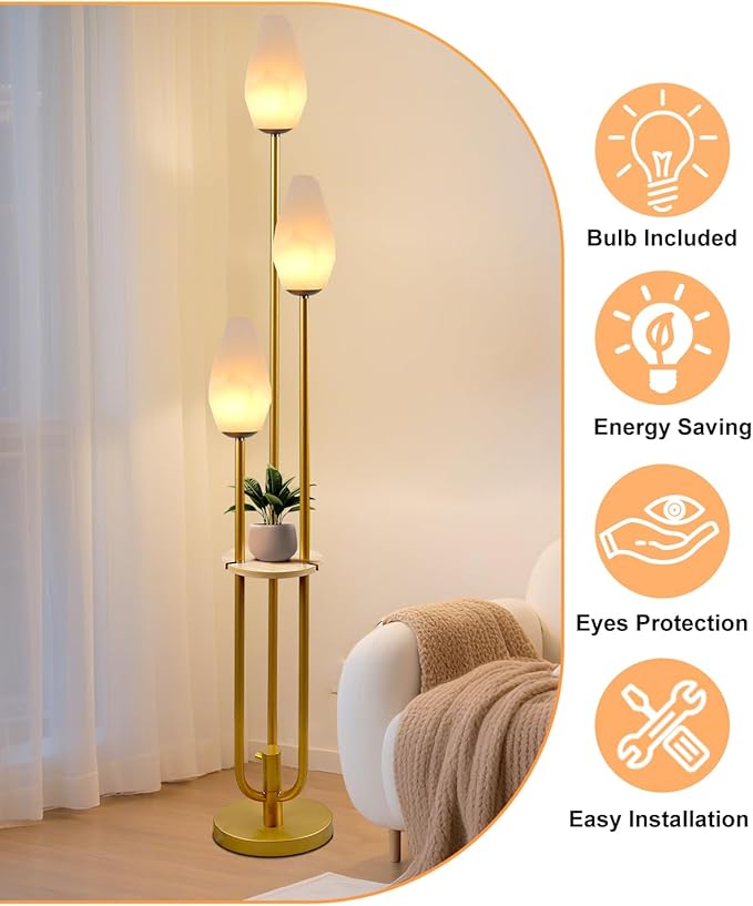 Lightdot Floor Lamp with Tray, 3-Lights Dimmable Floor Lamps with Rock-Shaped Shade, Unique Candle Holder Style Gold Modern Tall Lamp for Living Room/Party/Sofa Beside/Corner Decor(Bulbs Included)