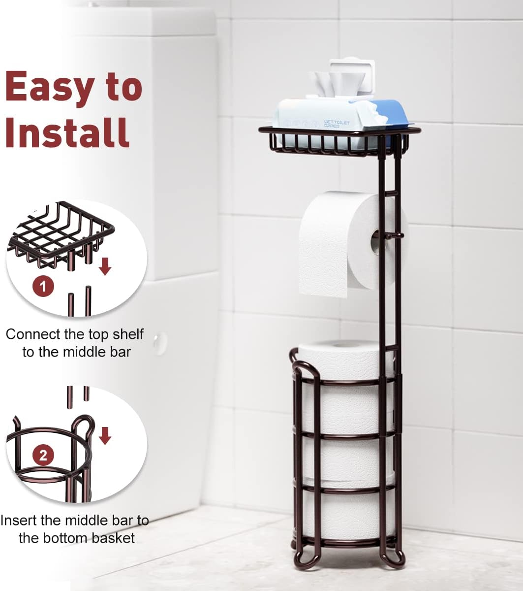 Regine Switzerland Toilet Paper Holder Stand - Stylish Tissue Roll Dispenser with Shelf for Mega Rolls - Bronze Finish