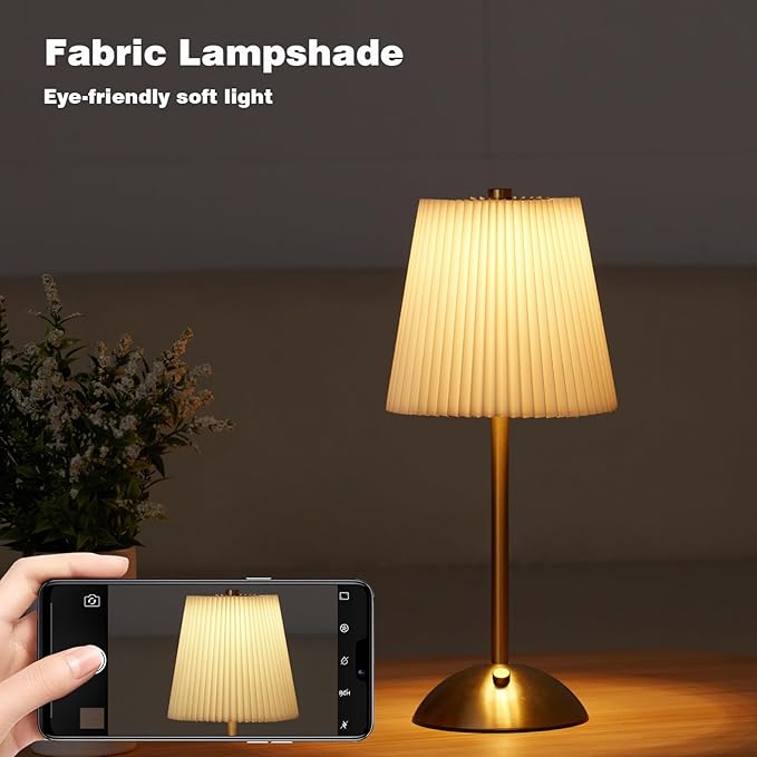 2-Pack Cordless Rechargeable Table Lamp 3-Color Dimmable Touch Control, 3000mAh Battery Operated Portable Light Beige Fabric Shade for Bedroom, Living Room, Office, Nursery, Bathroom