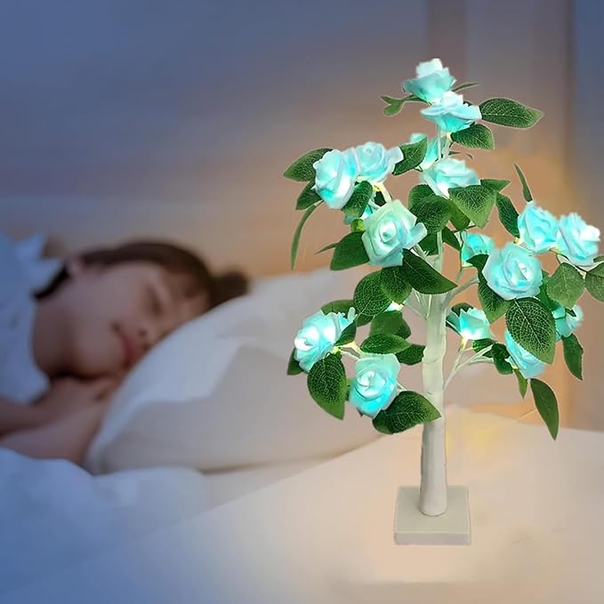 Tabletop Rose Flower Light,Mini Light up Bonsai Tree with Light Blue Rose Flower, Valentine Day Tree Lamp for Fireplace Bedroom Home Wedding Party Decor,21.6Inch