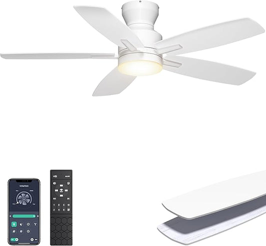 Ohniyou Ceiling Fans with Lights, 42'' Low Profile Ceiling Fan with Light and Remote/APP Control, Modern Flush Mount Ceiling Fan for Indoor Bedroom Kitchen, Dimmable, Qiuet DC Motor, White