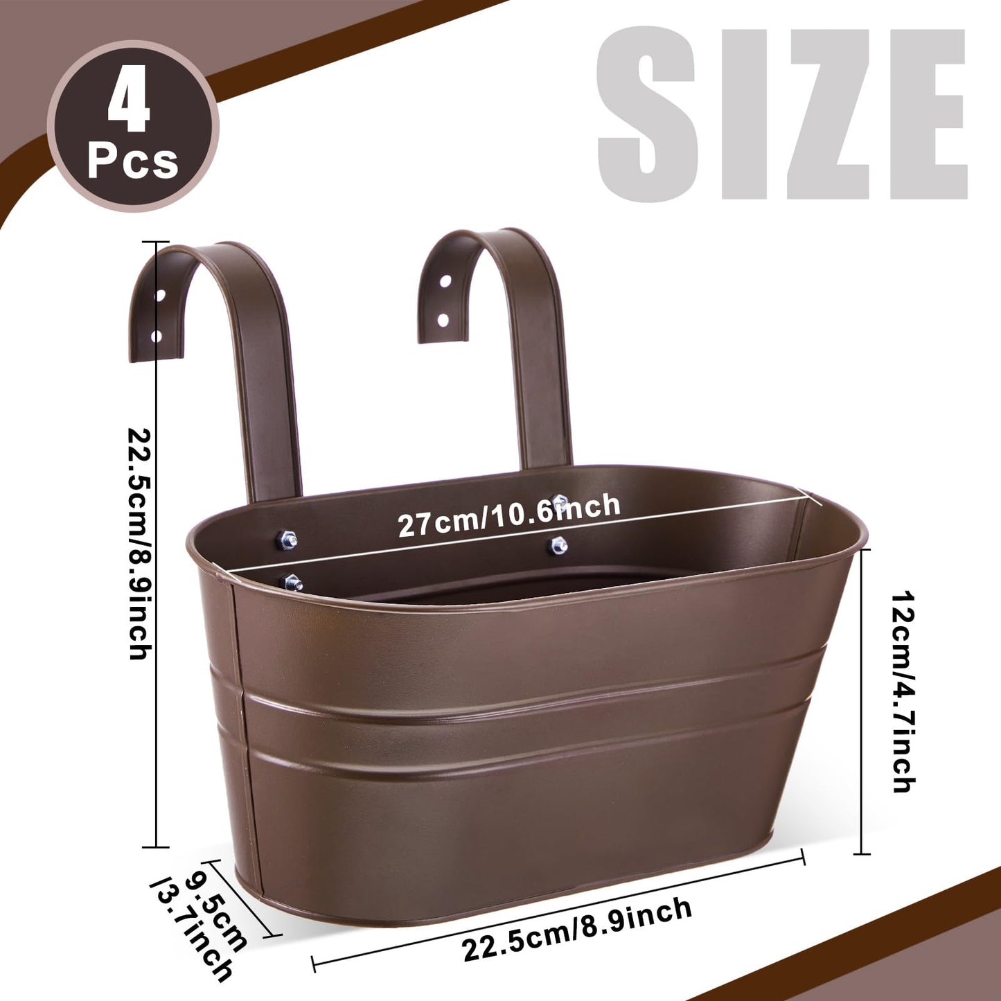 Hicarer 4 Pcs Metal Hanging Flower Pots for Railing Fence, 10.6 Inch Hanging Rail Planters for Outdoor Window Balcony Plants Holder with Hooks for Garden Yard Home Decor (Chocolate)