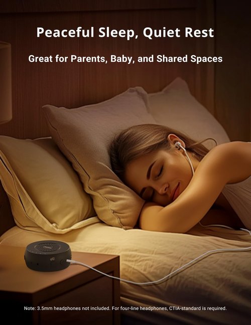 FOXFINE Portable Sound Machine, Travel White Noise Machine with 36 Soothing Sounds, Focus Light & Headphone Jack, Timer & Memory for Sleeping, Baby, Adults, Black