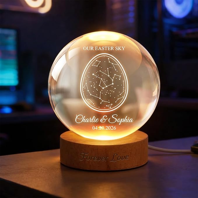 Personalized Our Easter Sky Crystal Ball LED Night Light, Custom Couple Name Constellation Glass Globe Lamp with Date, Romantic Easter Keepsake Gift for Anniversary Wedding Decor