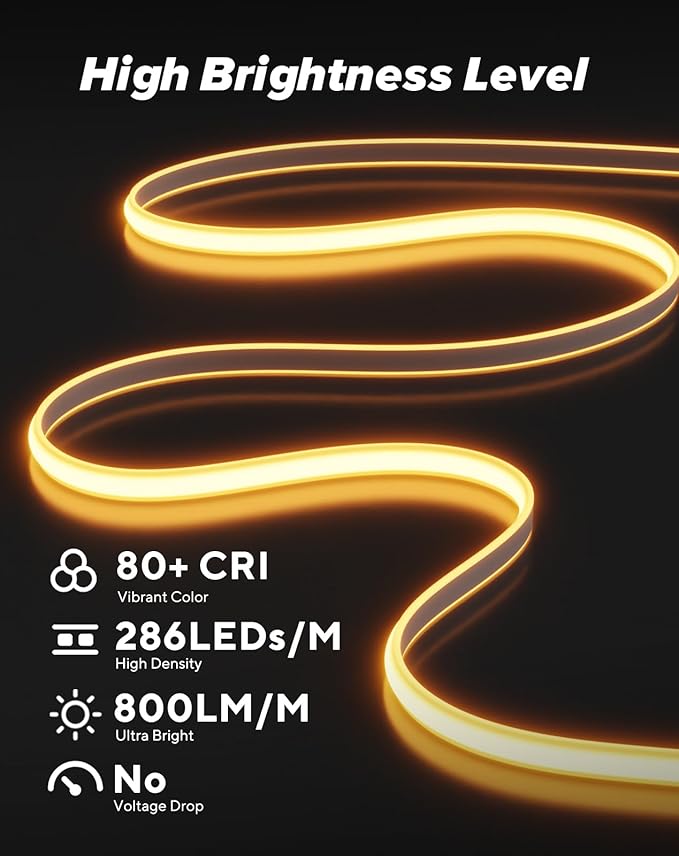 Shine Decor COB LED Rope Light AC 120V, 800lm Ultra Bright, IP65 Waterproof Cold-Resistant ETL Neon Strip, No Driver Tape Lighting for Home Commercial 10x4.5mm, 2800K Warm White, 98.4ft