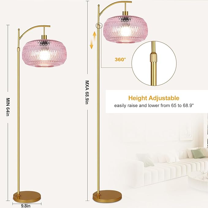 Pink Floor Lamp for Living Room,Bedroom,Gold Dimmable Standing Lamp with Remote,Mid Century Modern Brass Tall Lamp Boho Floor Lamps Arc Stained Glass Flower Floor Light Lamp Girls kids Bohemian