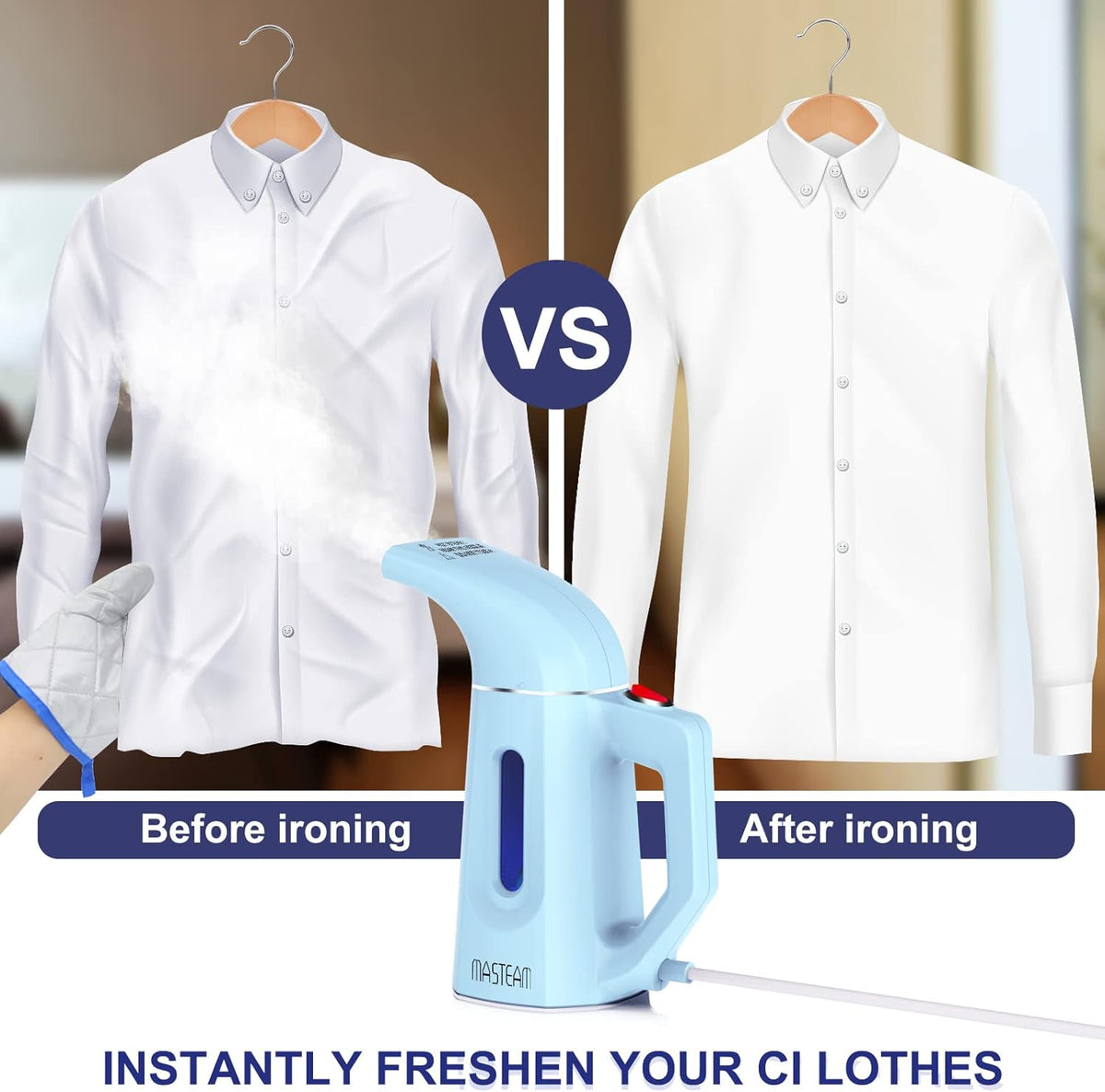 Skiennix Handheld Clothes Steamer - Fast Heat-Up in 40 Seconds | Lightweight 1.5lbs, 800W, 8FT Cord, Blue