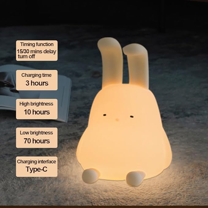 Cute Bunny Lamp, Kawaii LED Desk Decor Nightlight with Phone Stand Feature, Super Squishy Silicone Portable Light with Timer, Xmas Birthday Ideal Gifts for Baby Kid Adult