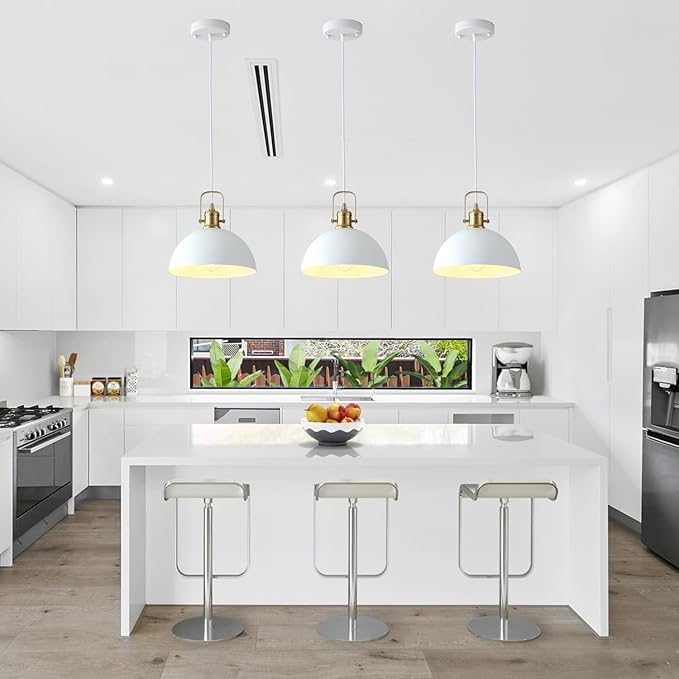 Kitchen Pendant Lighting Over Island 2 Pack, Modern White Gold Metal Pendant Lights, Ceiling Hanging for Kitchen Living Dining Room Restaurant Hallway Entrance