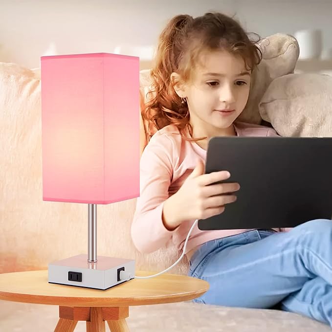 Touch Control Bedside Lamp - 3-Way Dimmable Table Lamps with USB C+A Port and Outlet, Nightstand Lamp for Bedroom Decor and Living Room,Pink