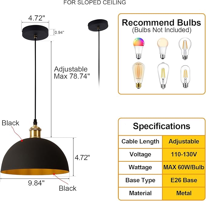 Modern Industrial Black Chandelier 9.8 inches, line Length 78.74 inches, Kitchen Island, Bedroom, Dining Room, Living Room, Hallway