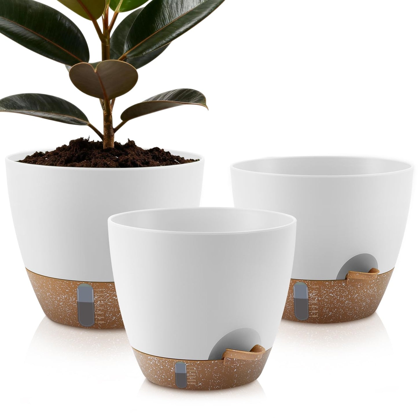 QRRICA Self-Watering Plant Pots with Water Level Indicator, Drainage Holes & Saucers – 12/10/9 Inch Large Plastic Planter Set for Indoor & Outdoor Plants (White)