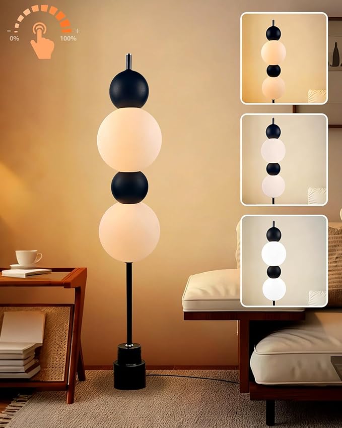 Globe Floor Lamp - Black Metal with White Globe Tower, 3000K Dimmable LED, Touch Switch, Modern Tall Standing Lamp for Bedroom, Living Room, Home Office