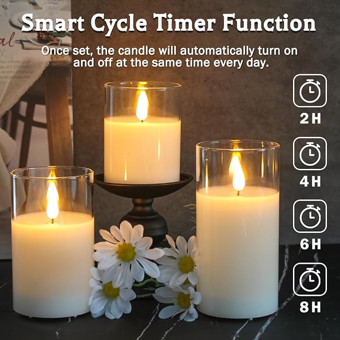 Rechargeable Flameless Glass Pillar Candles–Easter Flameless Candles Decorations,–Set of 3, Realistic Flickering LED Light,Remote & Timer, Ideal for Living Room, Bedroom & Easter Décor
