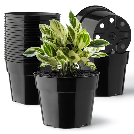RooTrimmer 20 Pack Plant Pots, 6 Inch Plastic Plant Planter with Saucers and Mesh Mats, Durable Flower Pots with Drainage Holes Perfect for Indoor Outdoor, Black