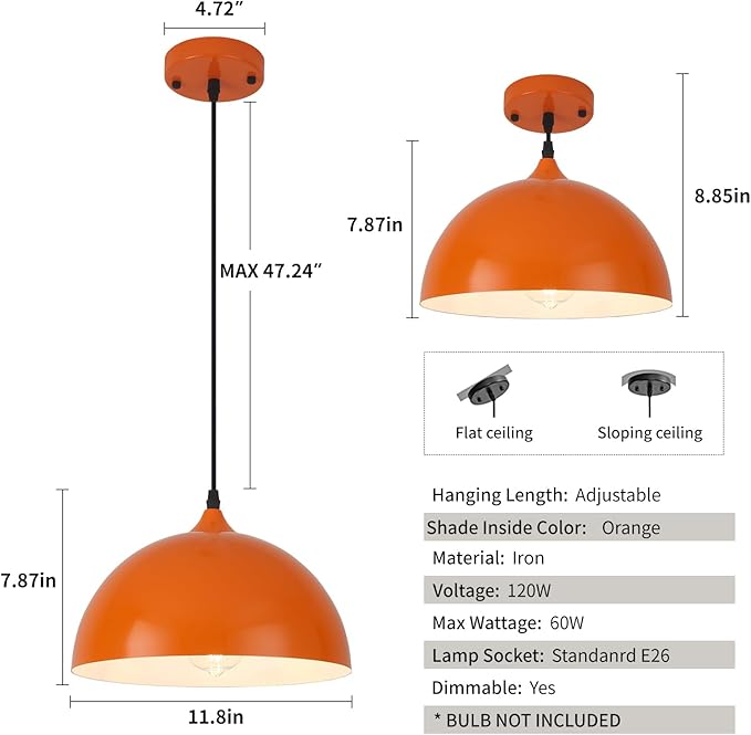 Orange Kitchen Pendant Lights,11.8inches 2 Packs Pendant Light, Farmhouse Pendant Light, Pendant Lights Kitchen Island for Living Room, Bedroom, Dinning Room