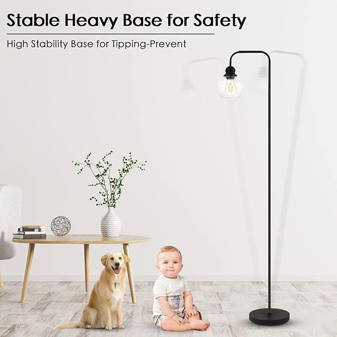 Modern Floor Lamp for Living Room with 6W LED Bulb, Industrial Floor Lamp, Seeded Glass, Black Classic Reading Tall Lamp for Home Office, Standing Lamps for Bedroom, Minimalist, Vintage, Farmhouse