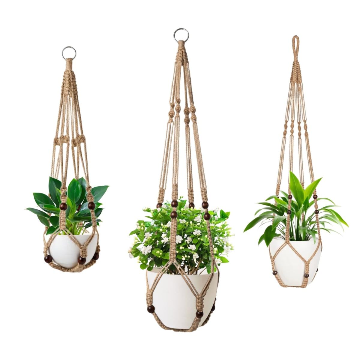 MDKFKDK 3 Pack Macrame Plant Hanger,Hanging Plant Holder, Boho Home Decor Hanging Basket with Wood Beads,Hanging Planters for Indoor Plants,Plant Hanger Indoor 35"/29"/23" Brown (POTS NOT Included)