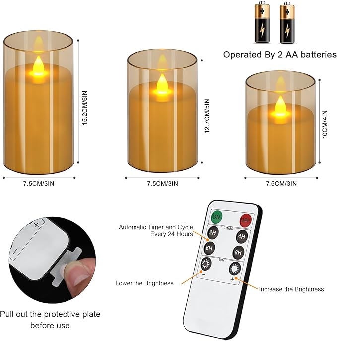 Flameless Candles 4" 5" 6" Set of 9 Acrylic Glass Pillars 3" Diameter Battery Operated Flickering Candles Include 8-Key Remote with Timer Function 400+ Hours (Amber, 9 Pack)