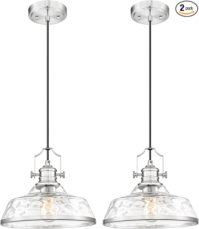 kudos 2 Pack Pendant Lights Kitchen Island, 11" Large Brushed Nickel Kitchen Island Lighting with Hammered Glass Shade, Industrial Hanging Light Fixture for Kitchen Sink Dining Room, KDPL13-BN-H-2PK
