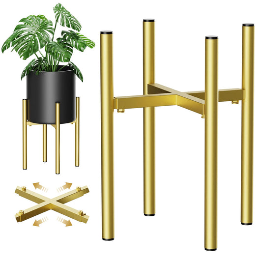 H HOMEXIN Metal Plant Stands for Indoor Plants Adjustable for 8 9 10 11 12 inches Planter Mid Century Stable Stylish Corner Plant Stand for Outdoor, Gold 1Pack, Pot not Included