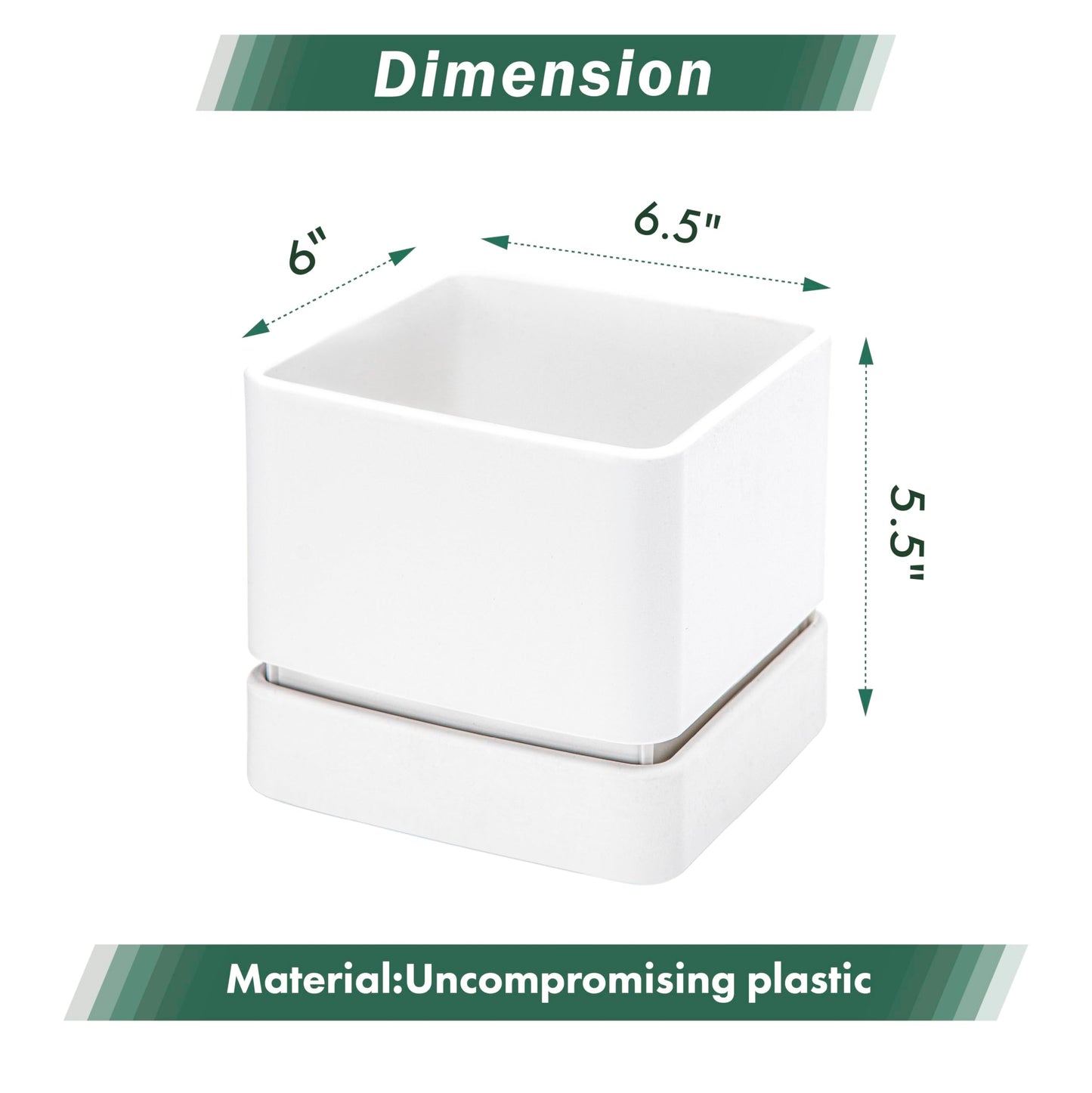 D'vine Dev 6 Inch Herb Planter Pot, Plastic Planter with Drainage Holes and Saucer, Modern Decorative Gardening Pot for Indoor Plants, Flowers, Herbs, Succulents, White, Set of 2, 76-Y-A2-2