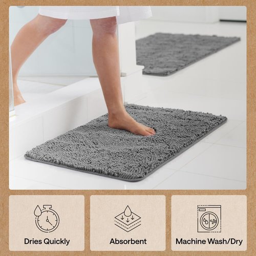 GORILLA GRIP Bath Rug Mat - Thick, Soft Absorbent Chenille | Quick-Dry Microfiber, 44x26, Grey